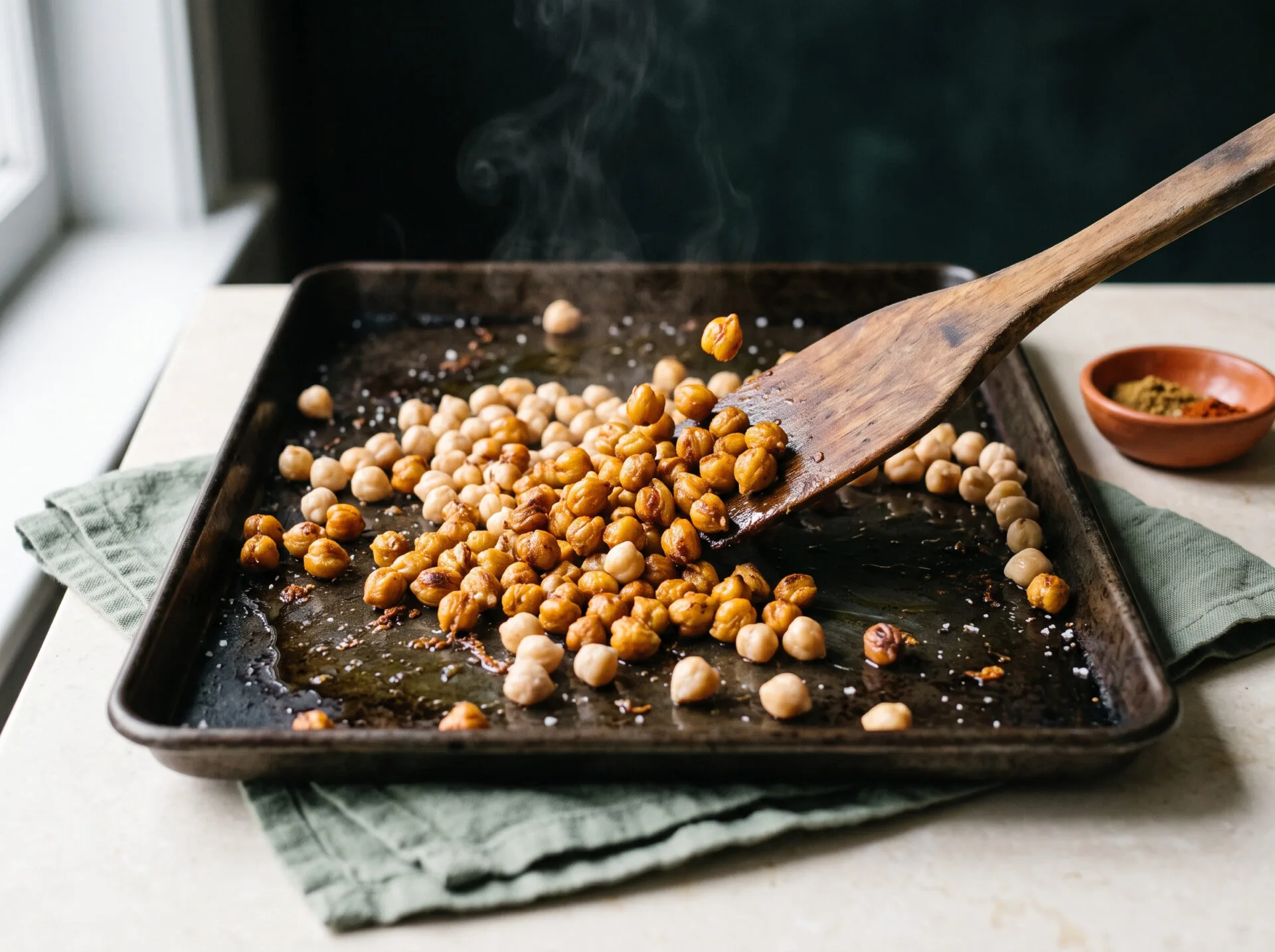 Half-roasted chickpeas being tossed with a wooden spatula on a hot bare sheet pan