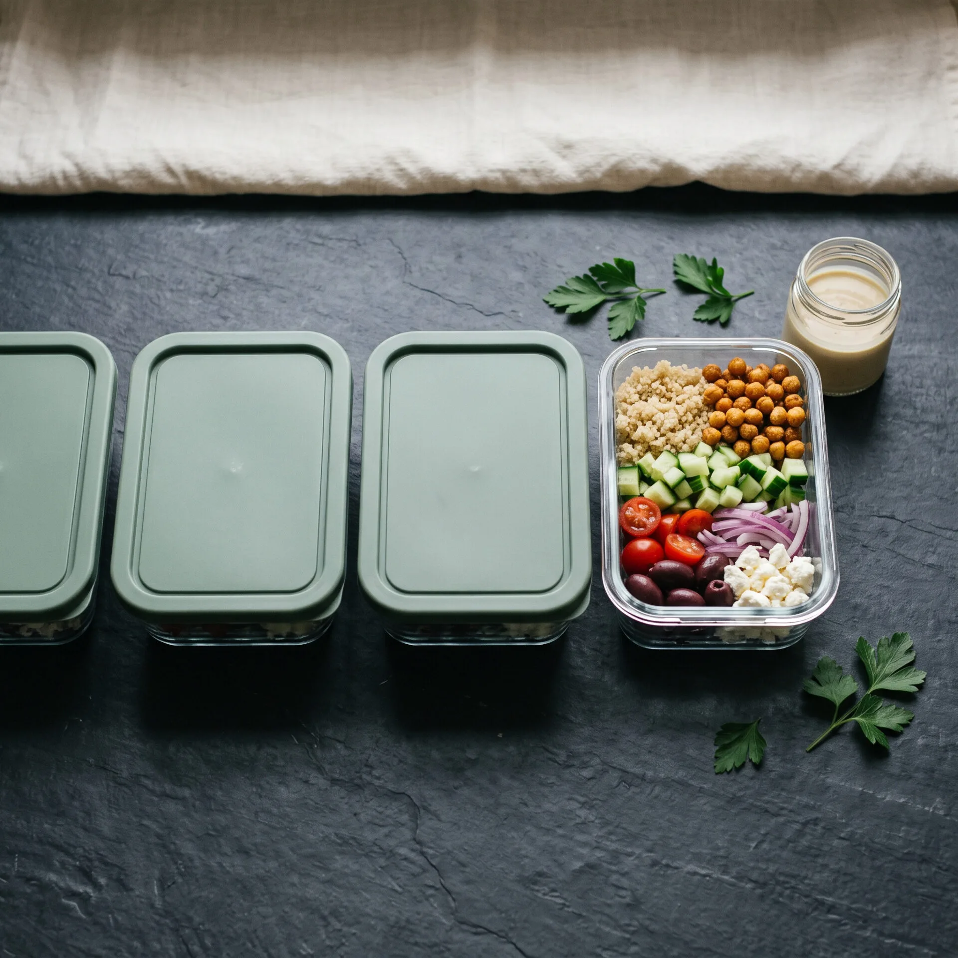 Four glass meal-prep containers packed with chickpea bowl components beside a jar of tahini sauce