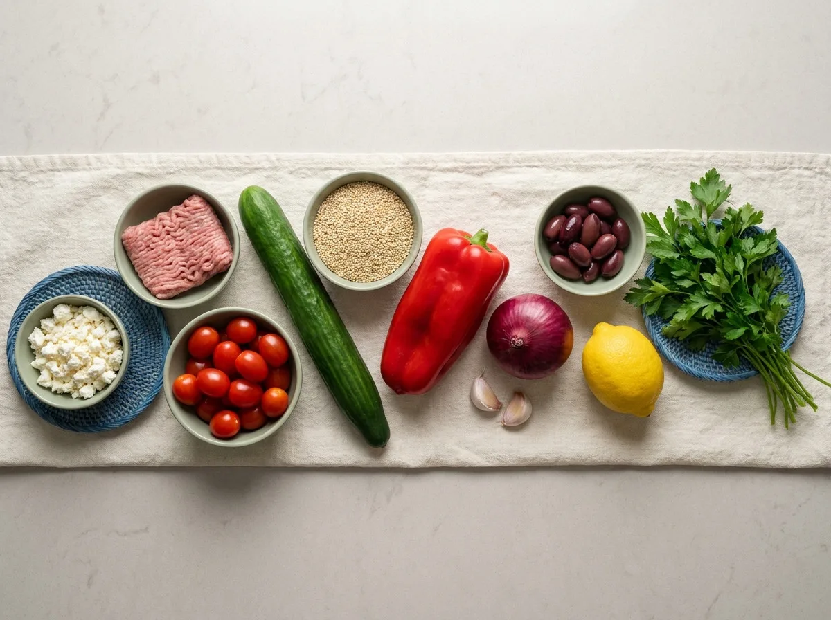 Raw ingredients for a Mediterranean turkey bowl arranged for cooking