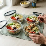 Mediterranean turkey bowl portions packed in glass containers for meal prep