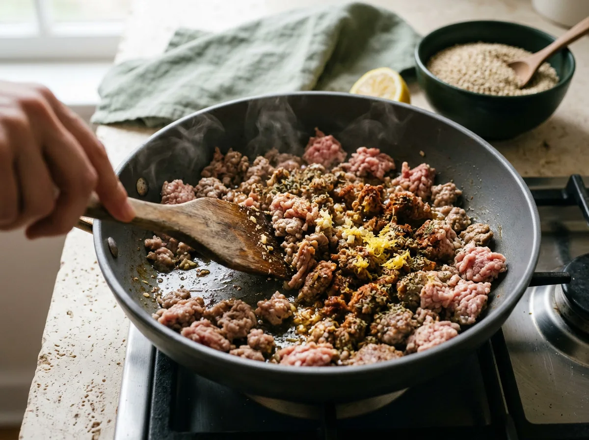 Ground turkey browning with oregano, garlic and lemon zest for a Mediterranean turkey bowl