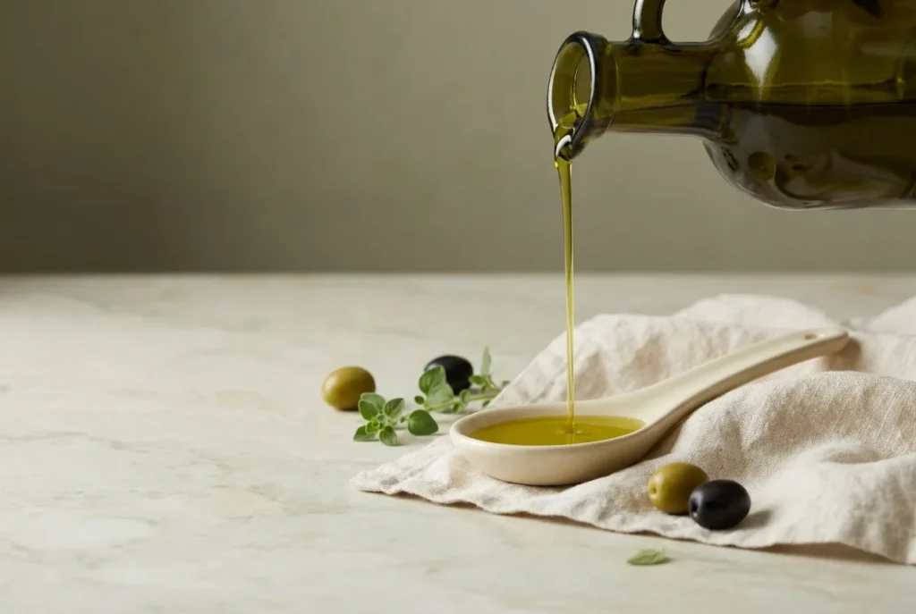 Is olive oil Mediterranean diet friendly: extra-virgin olive oil poured into a white ceramic spoon