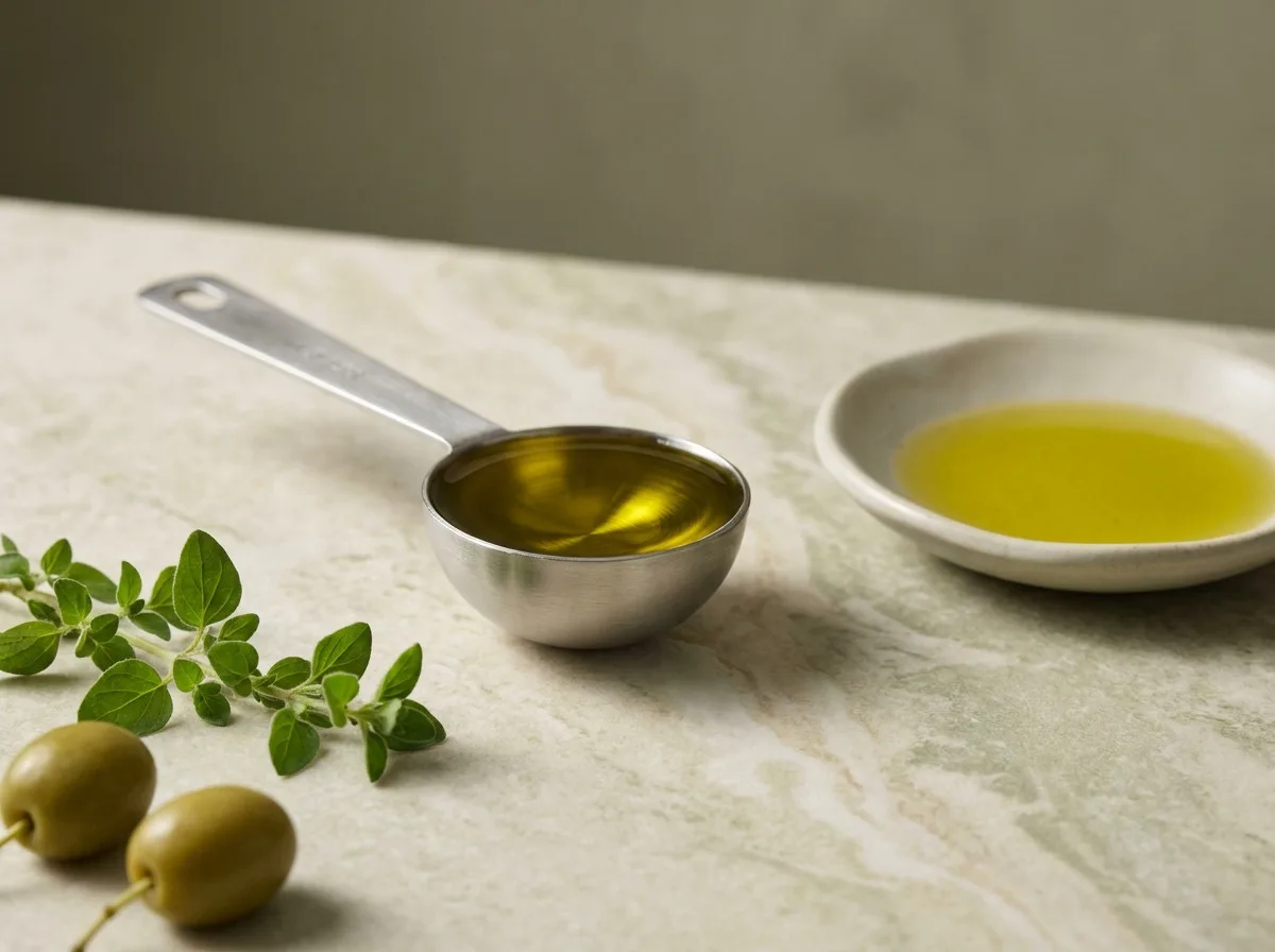 A level measuring tablespoon of golden-green extra-virgin olive oil beside a small dish of oil