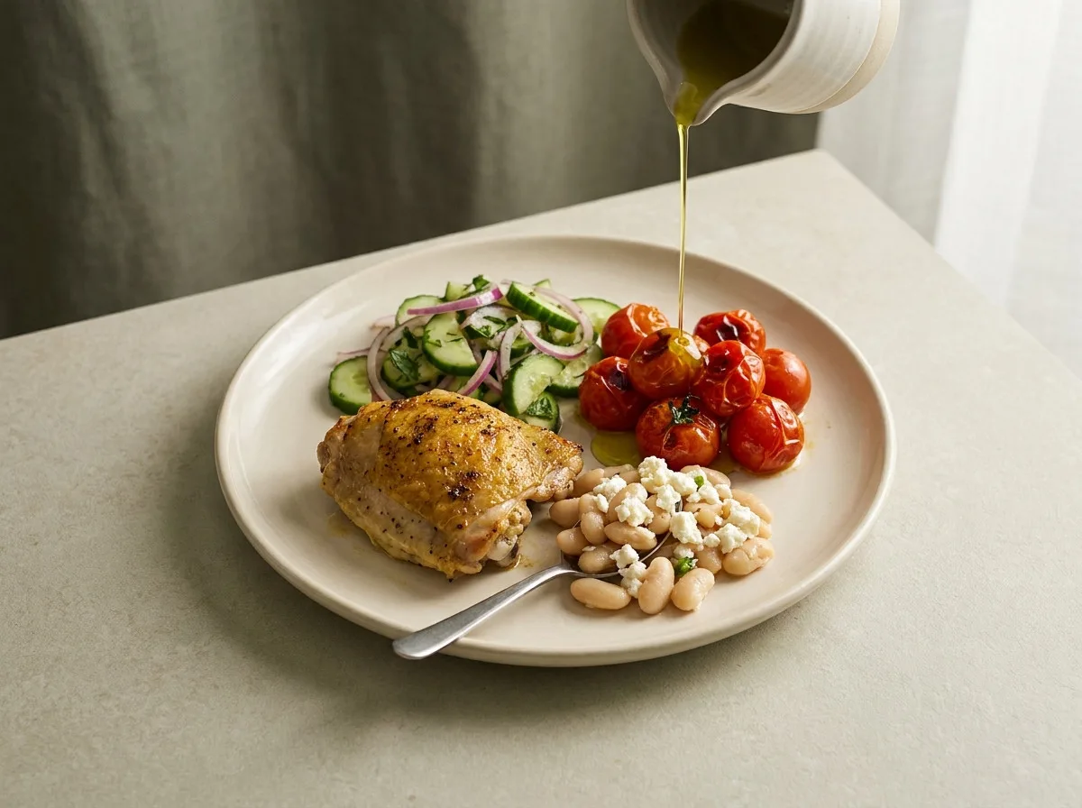 Olive oil drizzled over a Mediterranean plate of roasted chicken, tomatoes, cucumber salad and white beans