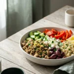 Mediterranean turkey bowl with lemon quinoa, vegetables, feta and olives