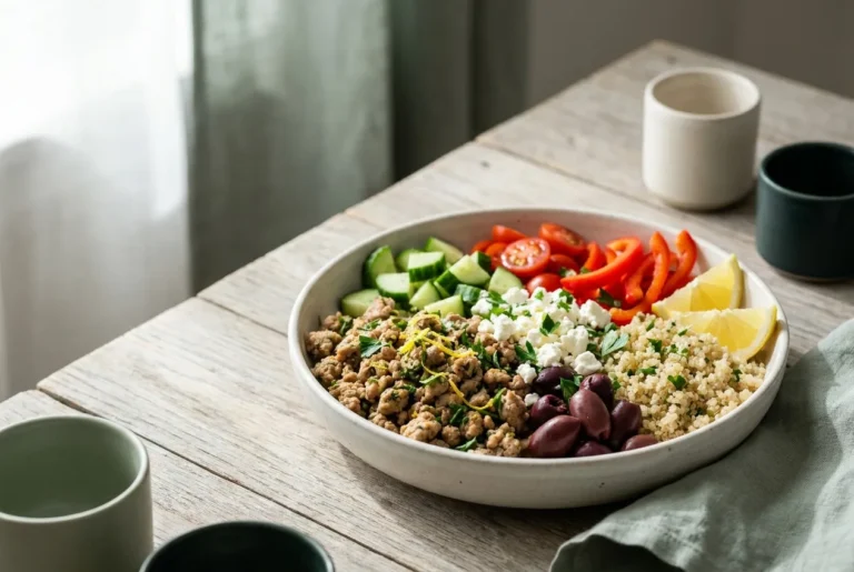 Mediterranean turkey bowl with lemon quinoa, vegetables, feta and olives