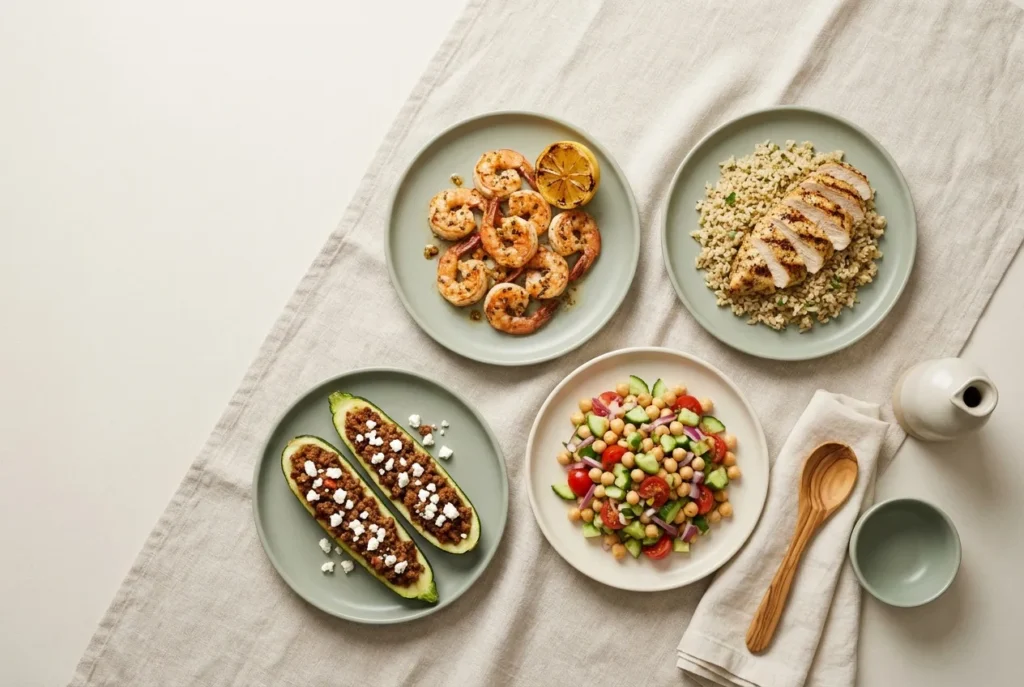 Best recipe for weight loss lineup: shrimp, lemon chicken, beef zucchini boats and a chickpea salad on linen
