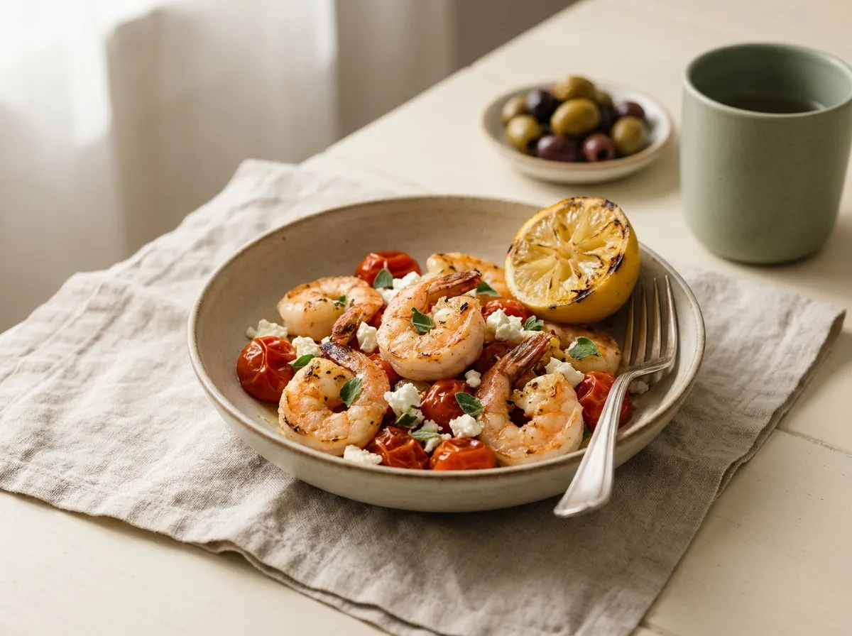 Bowl of air fryer shrimp with cherry tomatoes, oregano, feta and a squeezed lemon half