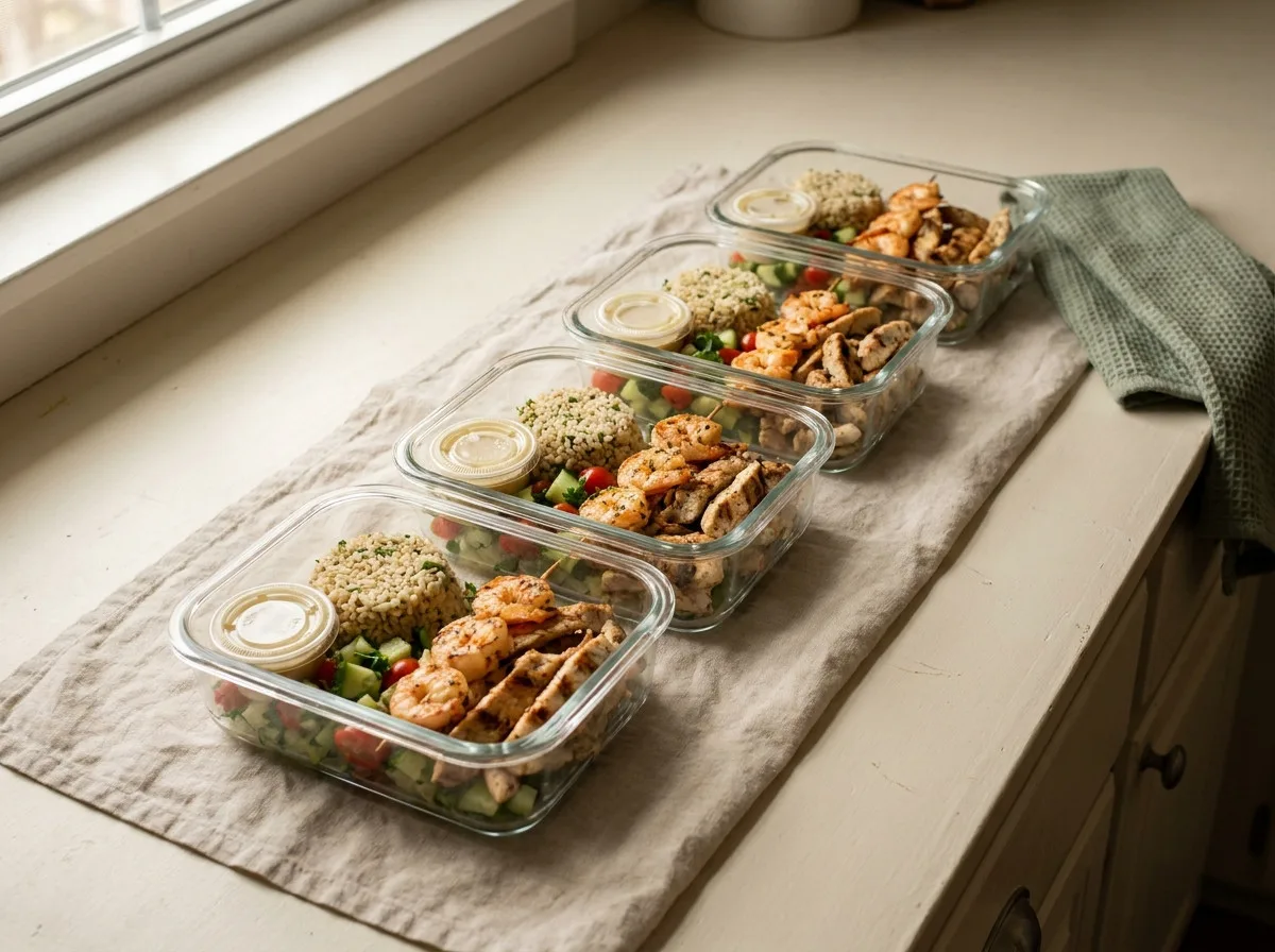Five glass meal prep containers in a row, each with salad, brown rice and grilled protein
