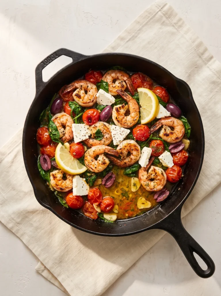 Mediterranean shrimp skillet for two in a cast-iron pan with blistered tomatoes, spinach, olives, feta and lemon