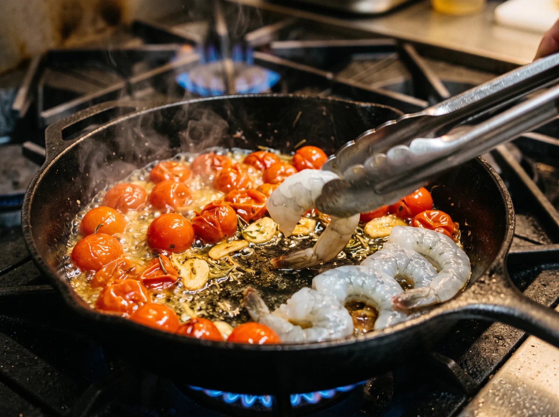 Raw shrimp being laid with tongs into a skillet of blistered cherry tomatoes and sliced garlic over a gas flame