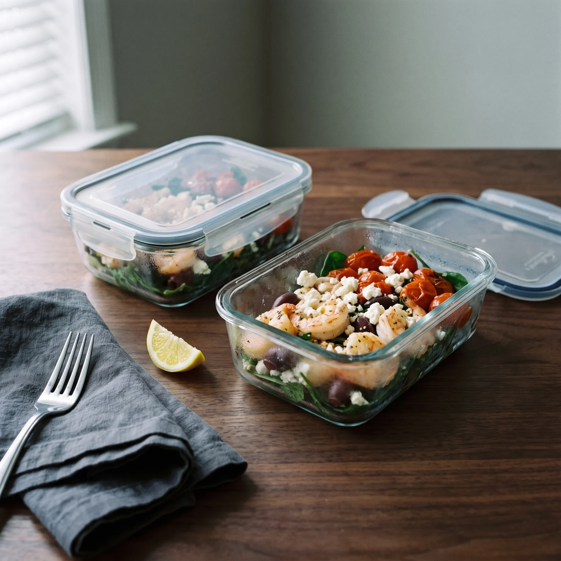 Two glass meal-prep containers of cooked Mediterranean shrimp, tomatoes, spinach, olives and feta on a walnut table