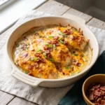 Keto cheesy bacon ranch chicken in a ceramic baking dish under browned cheddar with crumbled bacon and green onion
