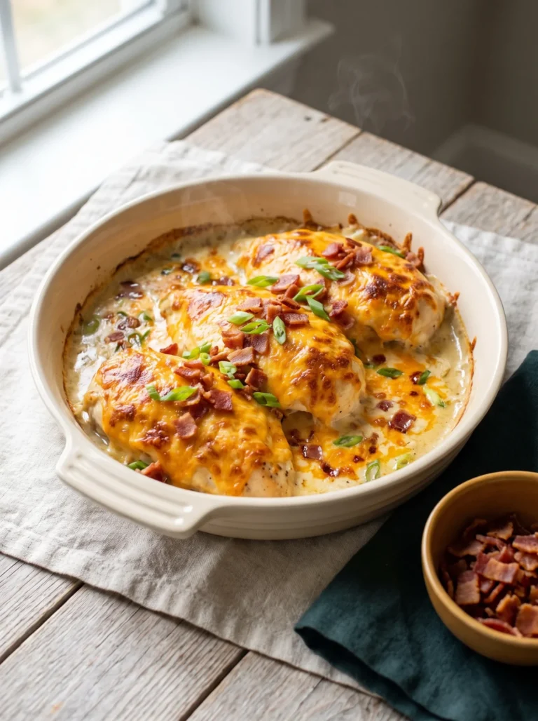 Keto cheesy bacon ranch chicken in a ceramic baking dish under browned cheddar with crumbled bacon and green onion