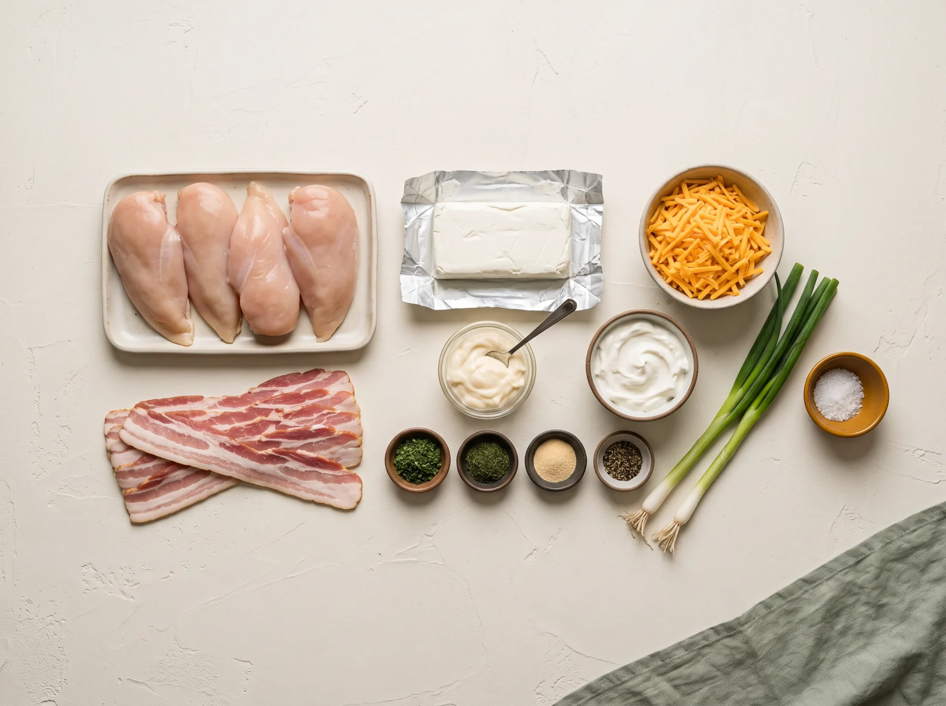 Raw chicken breasts, bacon strips, cream cheese, cheddar and dried ranch herbs laid out for cheesy bacon ranch chicken