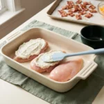 Spatula spreading ranch cream cheese over raw chicken breasts in a baking dish before the cheddar goes on