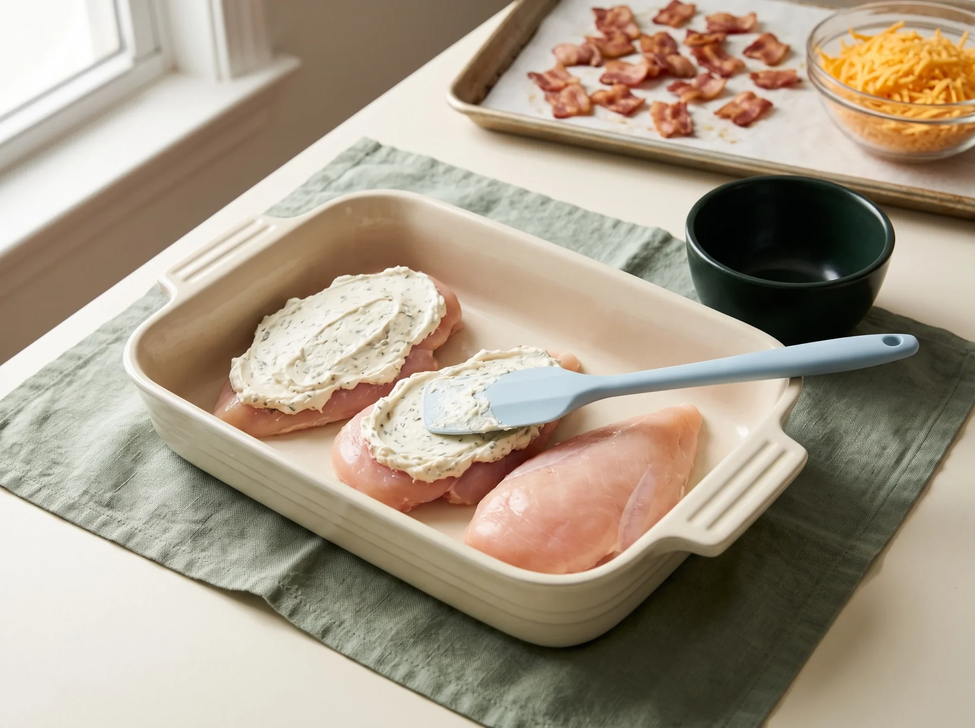 Spatula spreading ranch cream cheese over raw chicken breasts in a baking dish before the cheddar goes on
