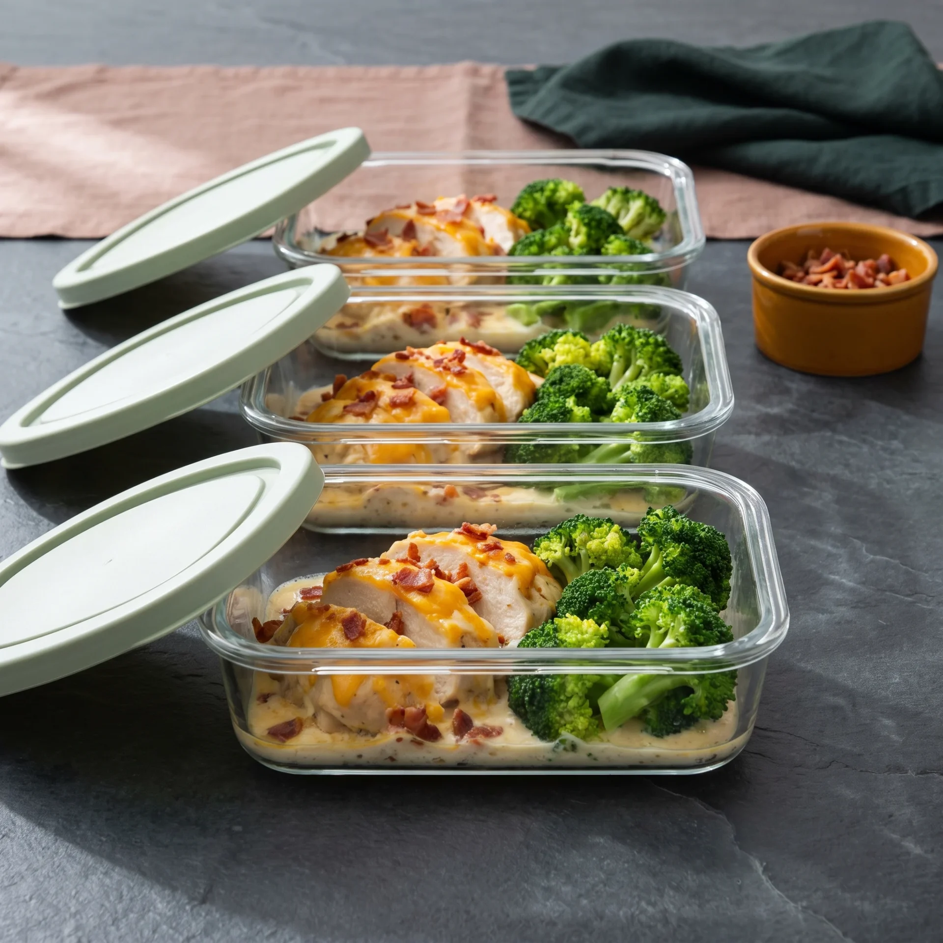 Three glass meal-prep containers of sliced cheesy bacon ranch chicken with steamed broccoli on a stone worktop