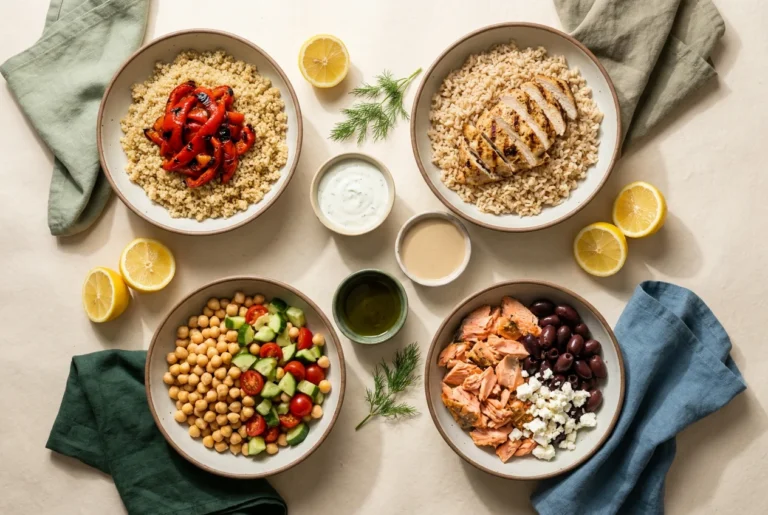 Overhead flat lay of four Mediterranean bowl ideas with grains, chicken, shrimp and salmon, plus yogurt and tahini sauces