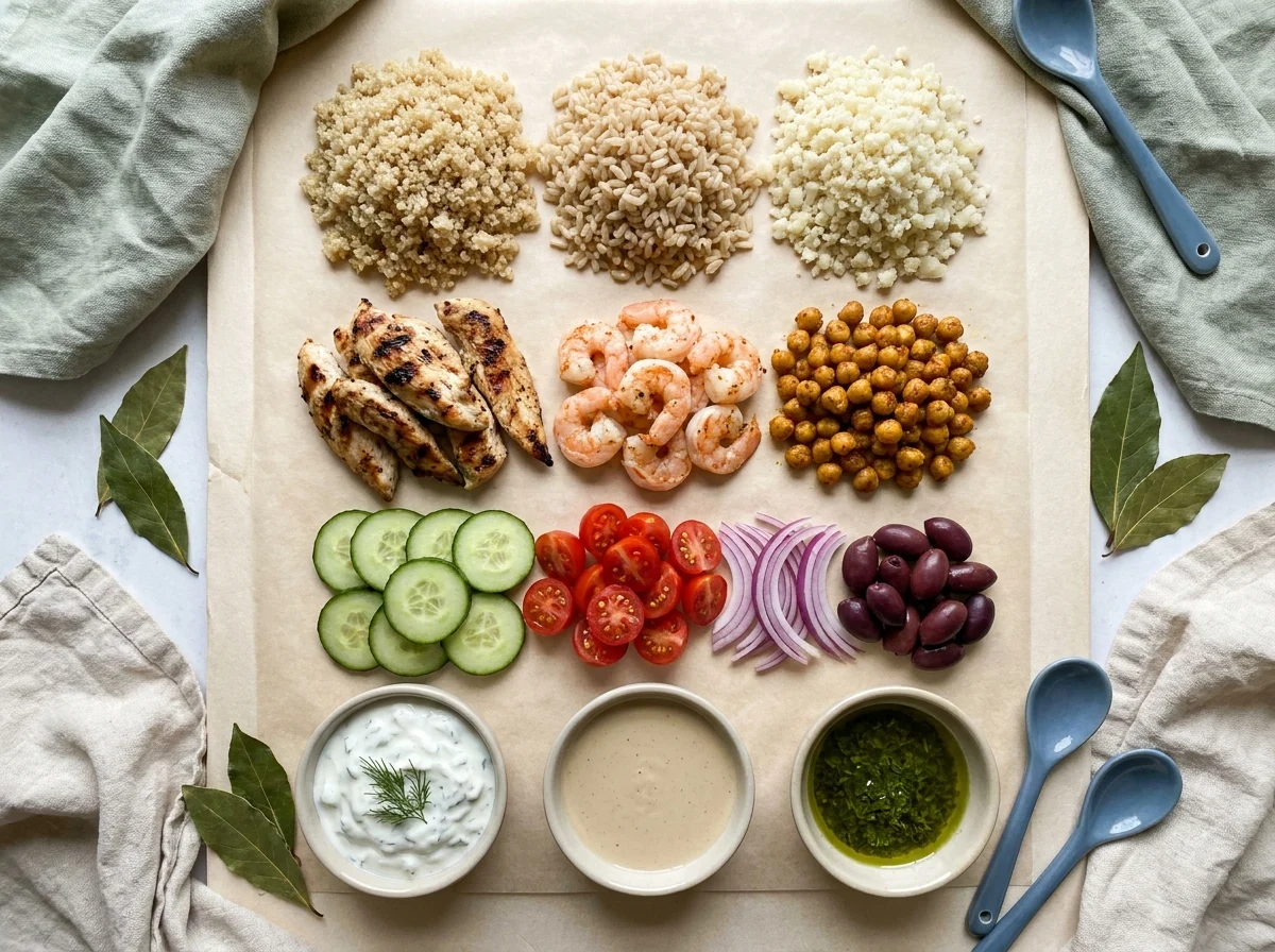 Mediterranean bowl components laid out in rows: grains, proteins, raw vegetables and three sauces in small dishes