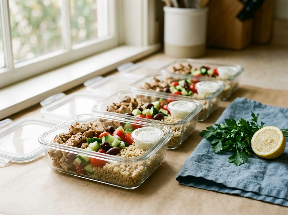 Five glass meal-prep containers packed with layered Mediterranean bowls, each with its sauce in a separate cup