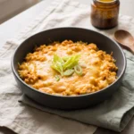 Keto buffalo chicken cauliflower rice casserole in a charcoal bowl with cheddar, celery leaves, and scallions