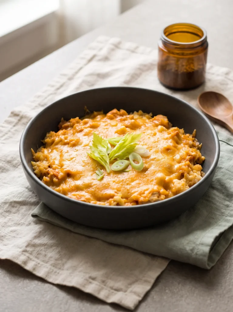 Keto buffalo chicken cauliflower rice casserole in a charcoal bowl with cheddar, celery leaves, and scallions