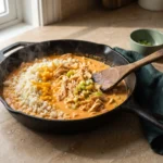 Keto buffalo chicken cauliflower rice casserole mixture cooking in a skillet with a wooden spatula
