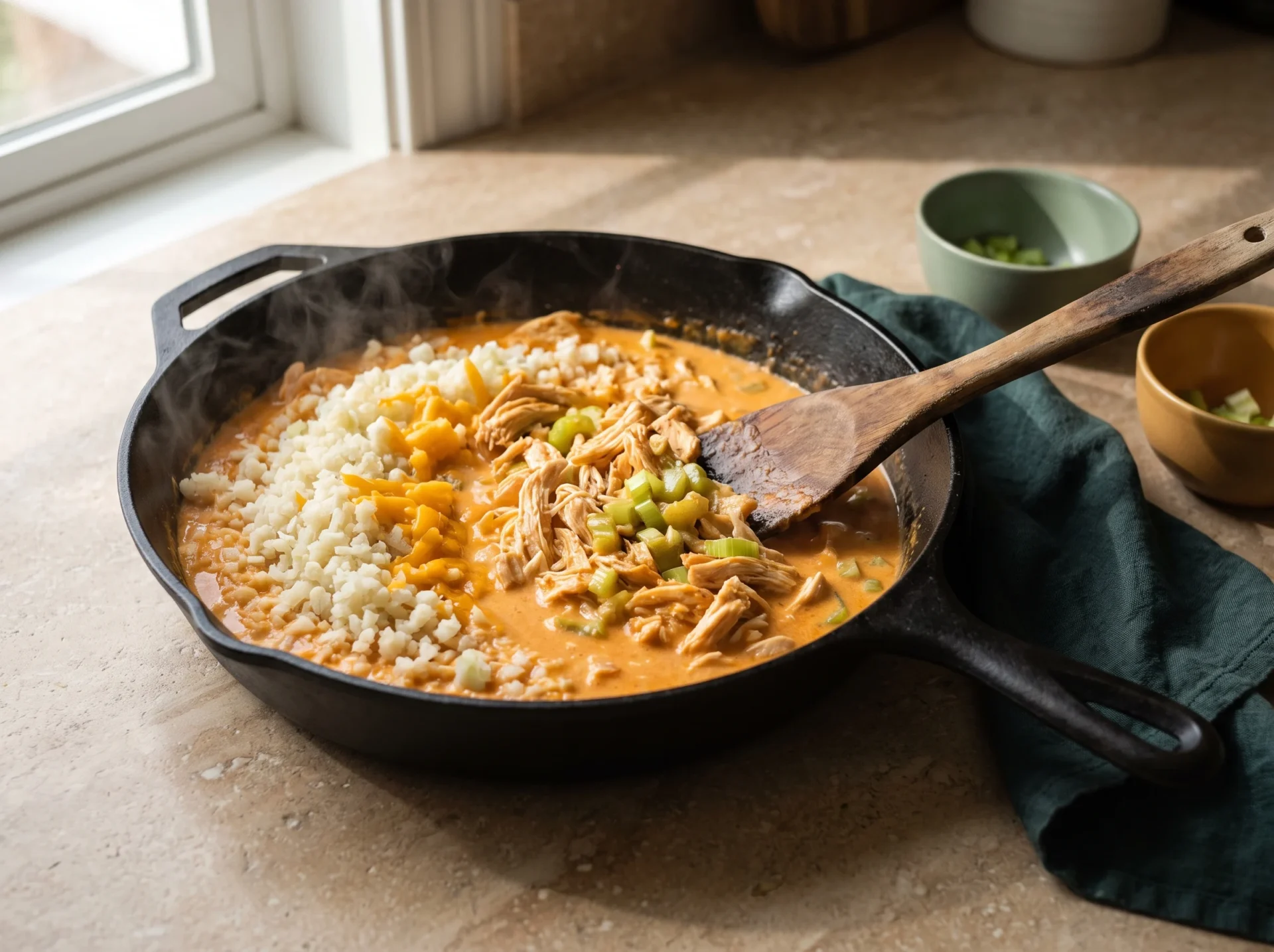 Keto buffalo chicken cauliflower rice casserole mixture cooking in a skillet with a wooden spatula