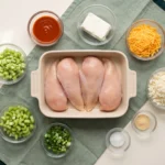 Raw ingredients for keto buffalo chicken cauliflower rice casserole arranged overhead