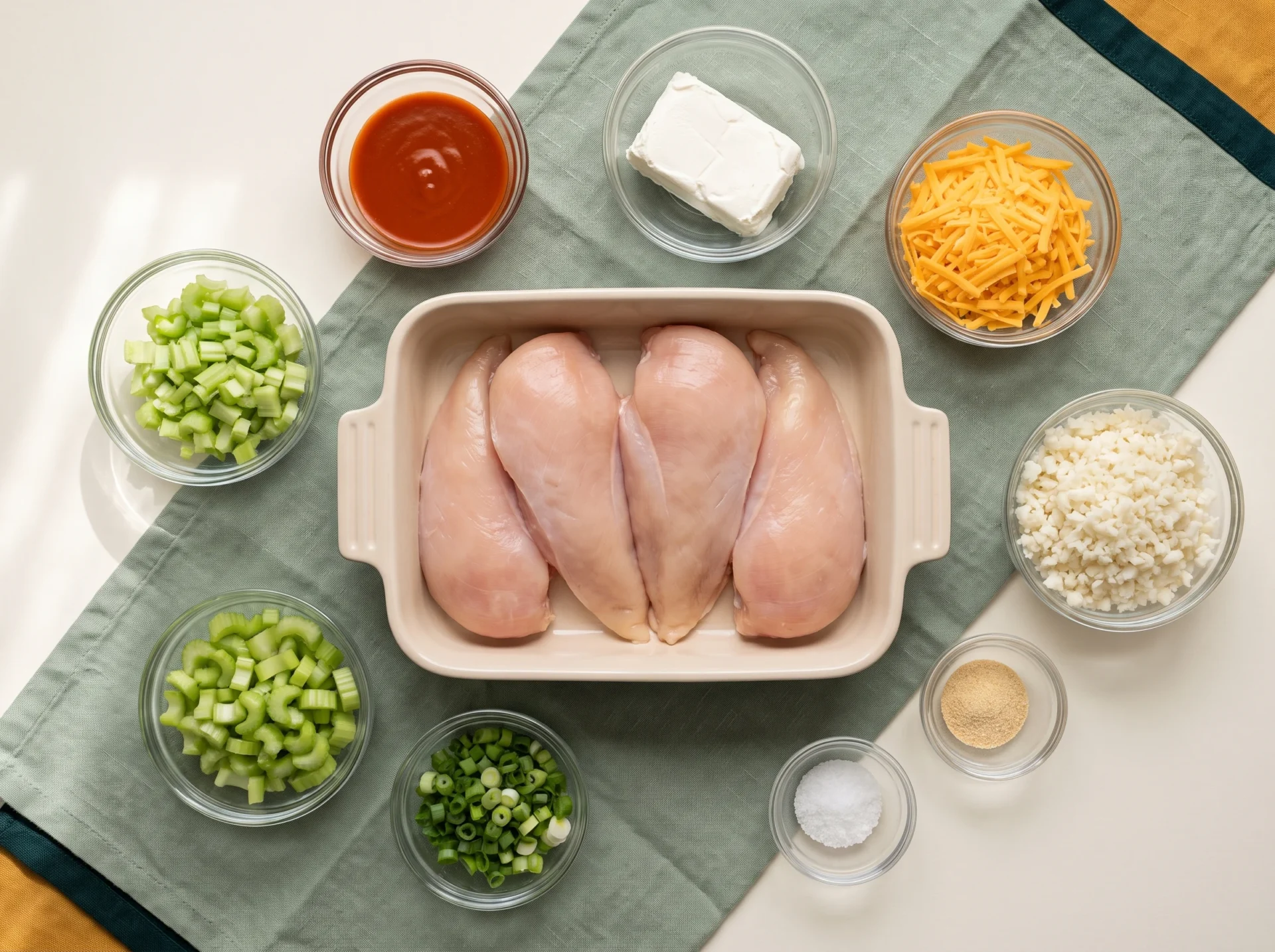 Raw ingredients for keto buffalo chicken cauliflower rice casserole arranged overhead