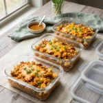 Glass containers of keto buffalo chicken cauliflower rice casserole topped with cheddar and scallions