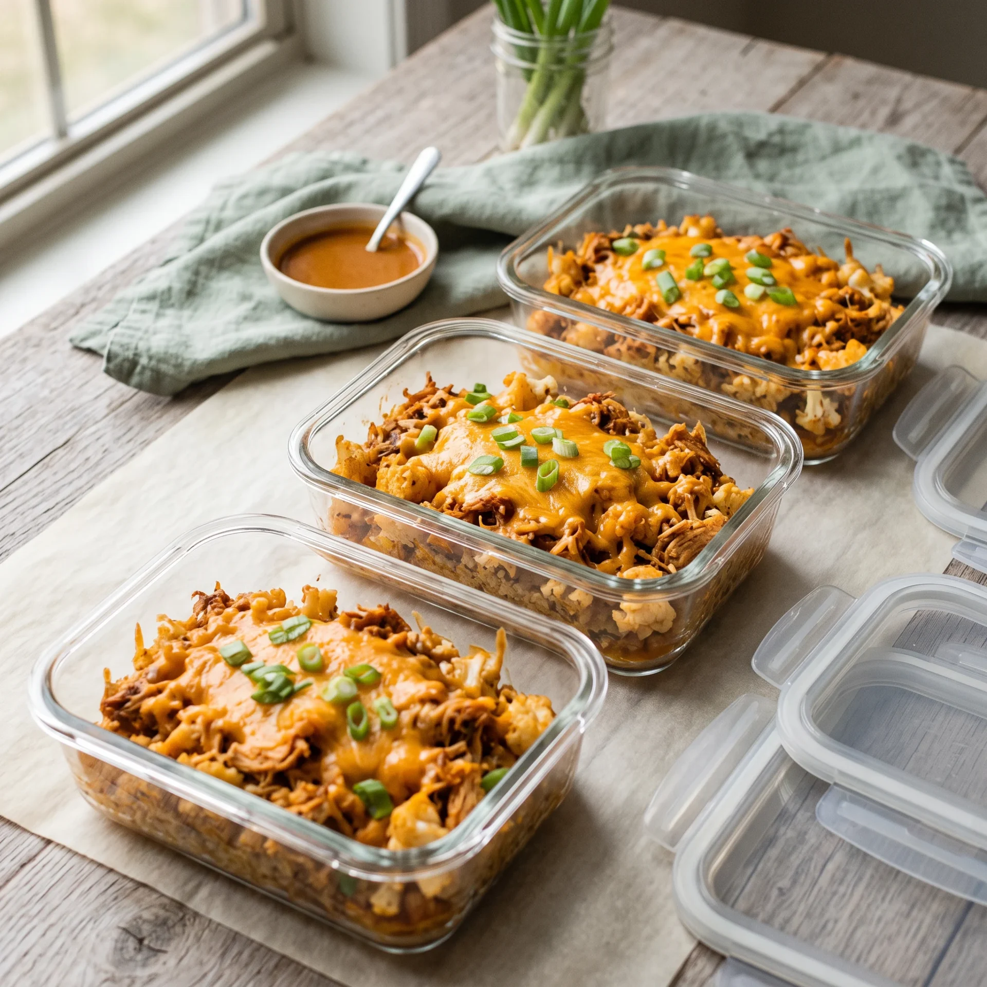 Glass containers of keto buffalo chicken cauliflower rice casserole topped with cheddar and scallions