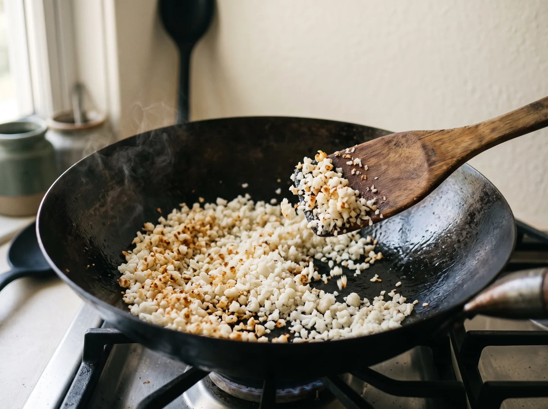 Pale cauliflower grains dry-sauteing in a carbon-steel wok, a third of them freckled golden, spatula caught mid-turn.