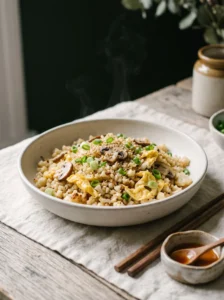 A bowl of cauliflower fried rice with golden-freckled grains, soft egg ribbons, mushrooms and sliced scallion greens.