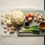 Raw ingredients for cauliflower fried rice: a whole cauliflower head, eggs, mushrooms, scallions, garlic, ginger and tamari.