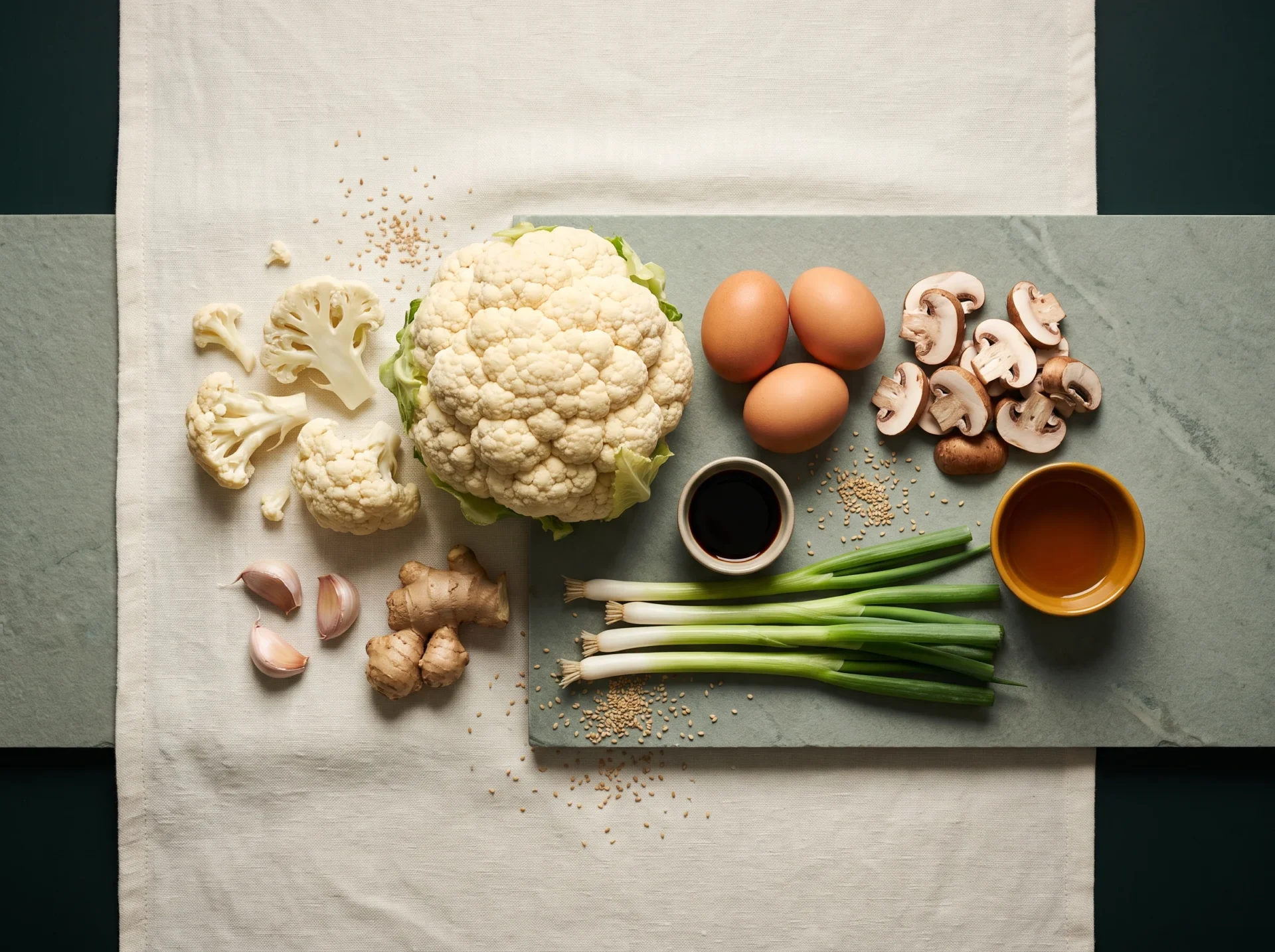 Raw ingredients for cauliflower fried rice: a whole cauliflower head, eggs, mushrooms, scallions, garlic, ginger and tamari.