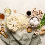 Raw riced cauliflower, eggs, mushrooms, scallions, ginger and oils arranged overhead