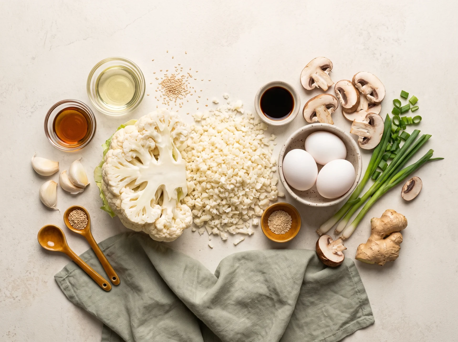 Raw riced cauliflower, eggs, mushrooms, scallions, ginger and oils arranged overhead