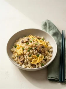 Cauliflower Fried Rice with egg, mushrooms, scallions and sesame in a ceramic bowl