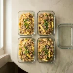 Keto cauliflower rice portions packed in glass meal prep containers
