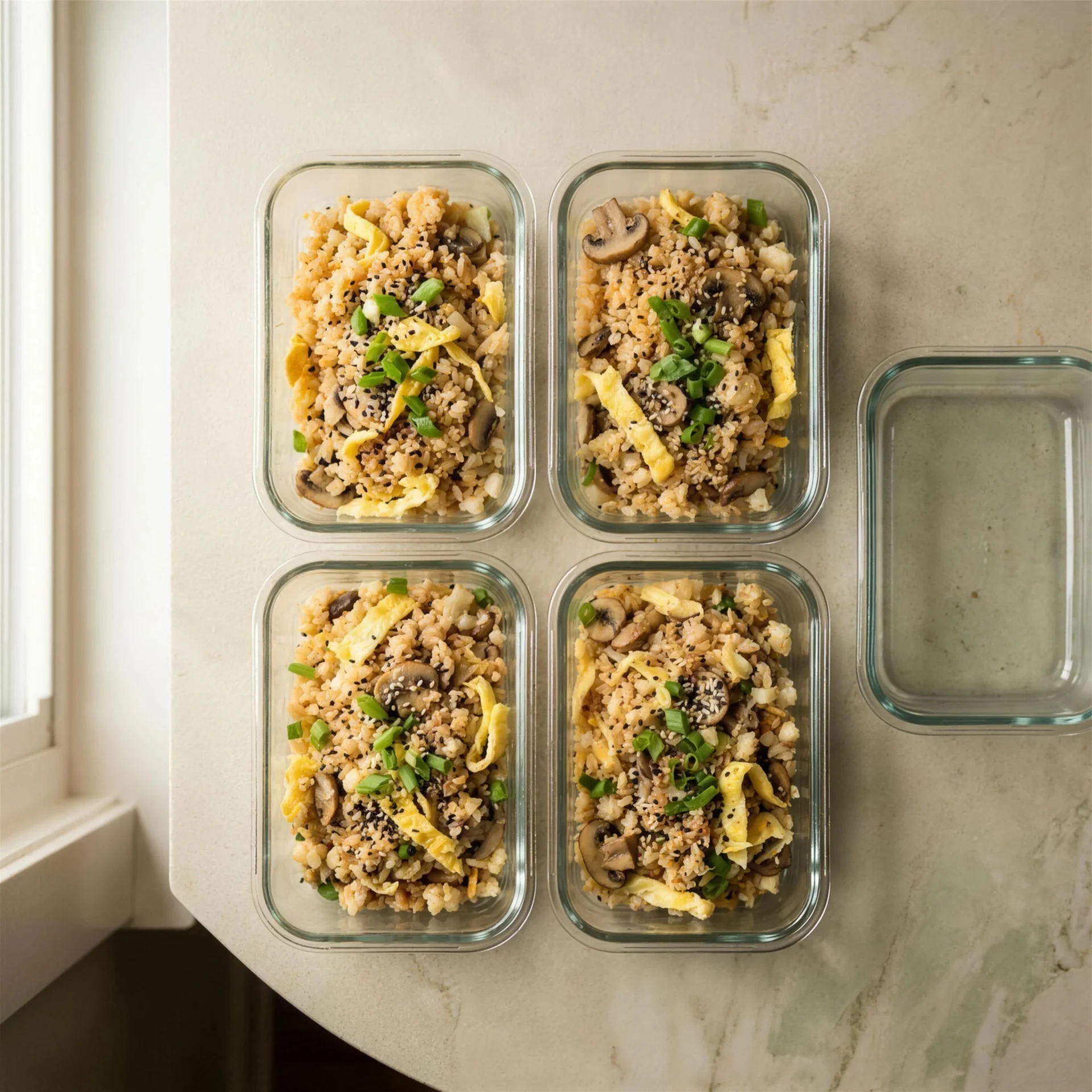 Keto cauliflower rice portions packed in glass meal prep containers