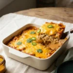 Keto chicken enchilada cauliflower rice freezer casserole with melted cheddar
