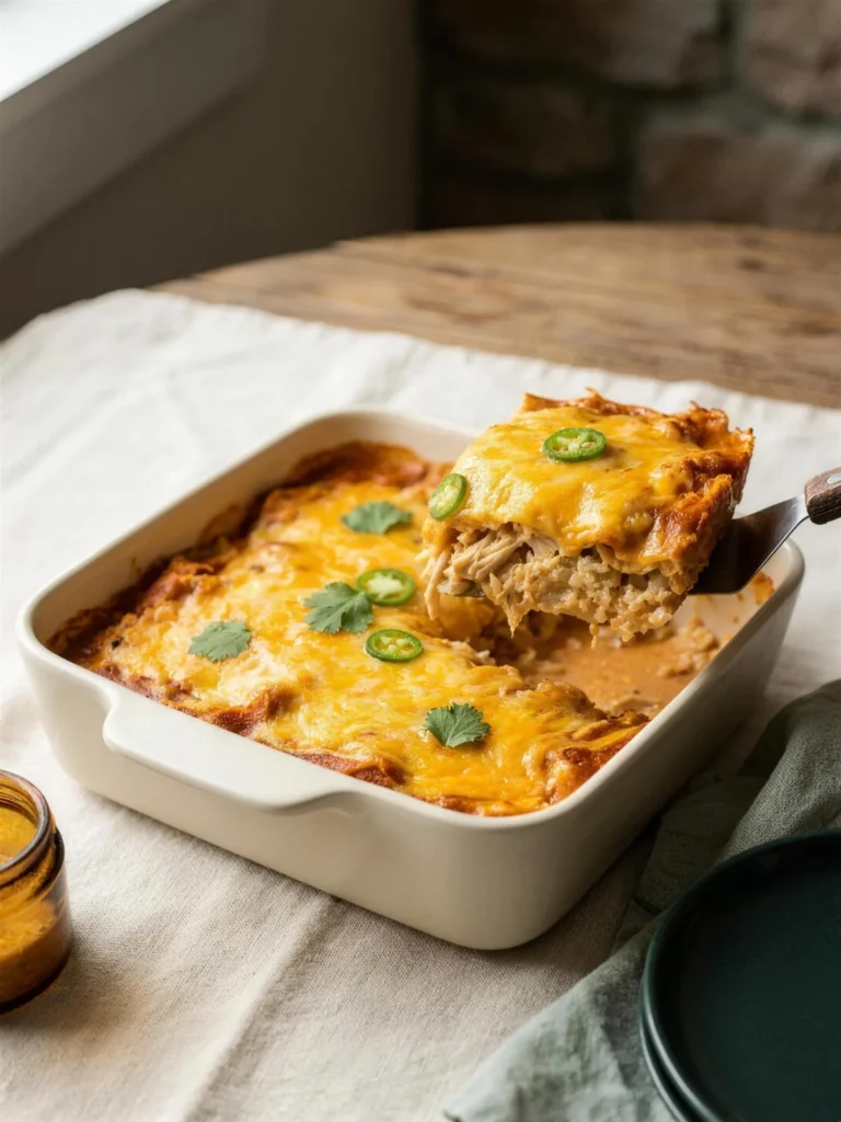 Keto chicken enchilada cauliflower rice freezer casserole with melted cheddar