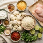 Raw ingredients for keto chicken enchilada cauliflower rice casserole