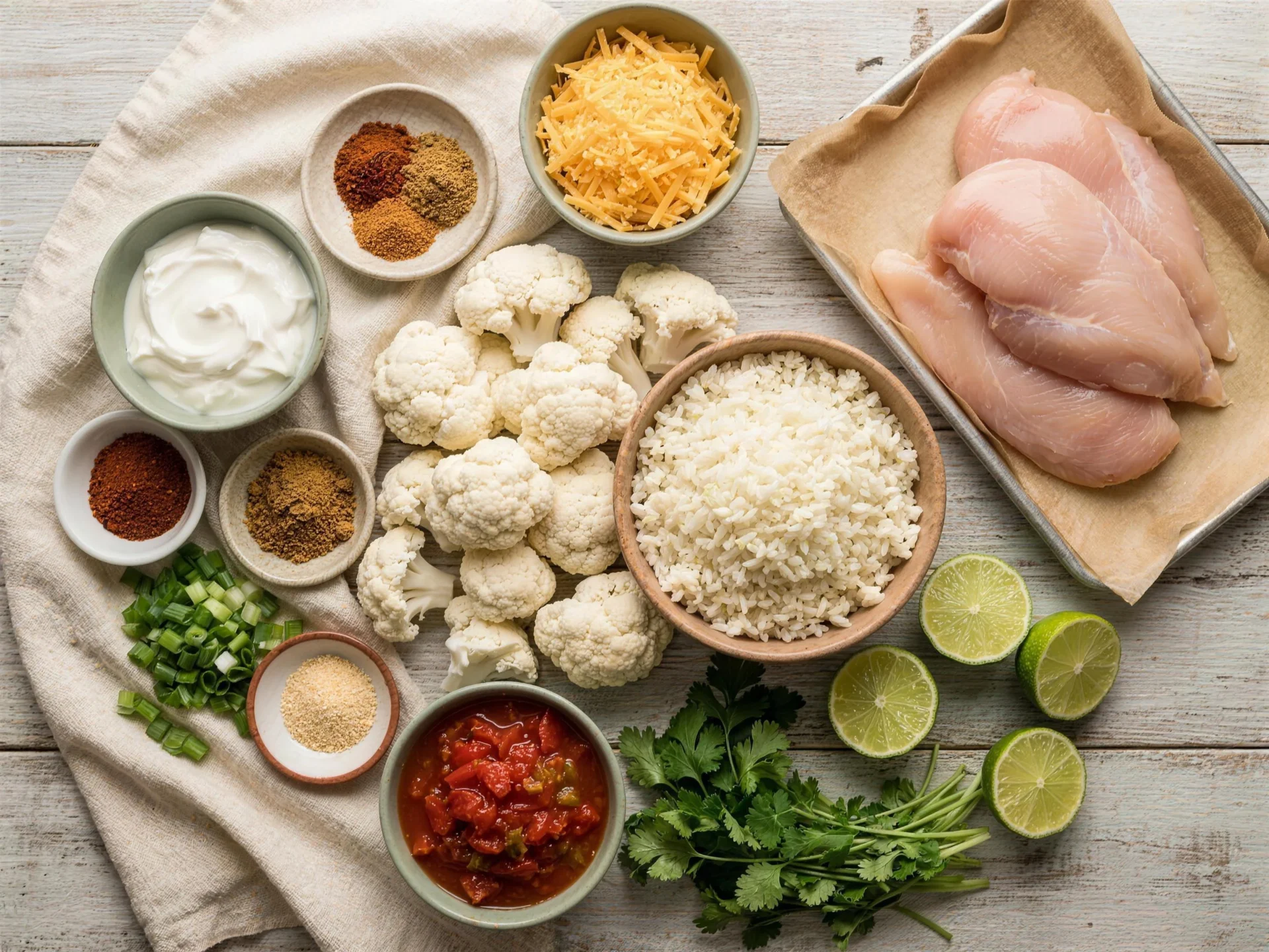 Raw ingredients for keto chicken enchilada cauliflower rice casserole