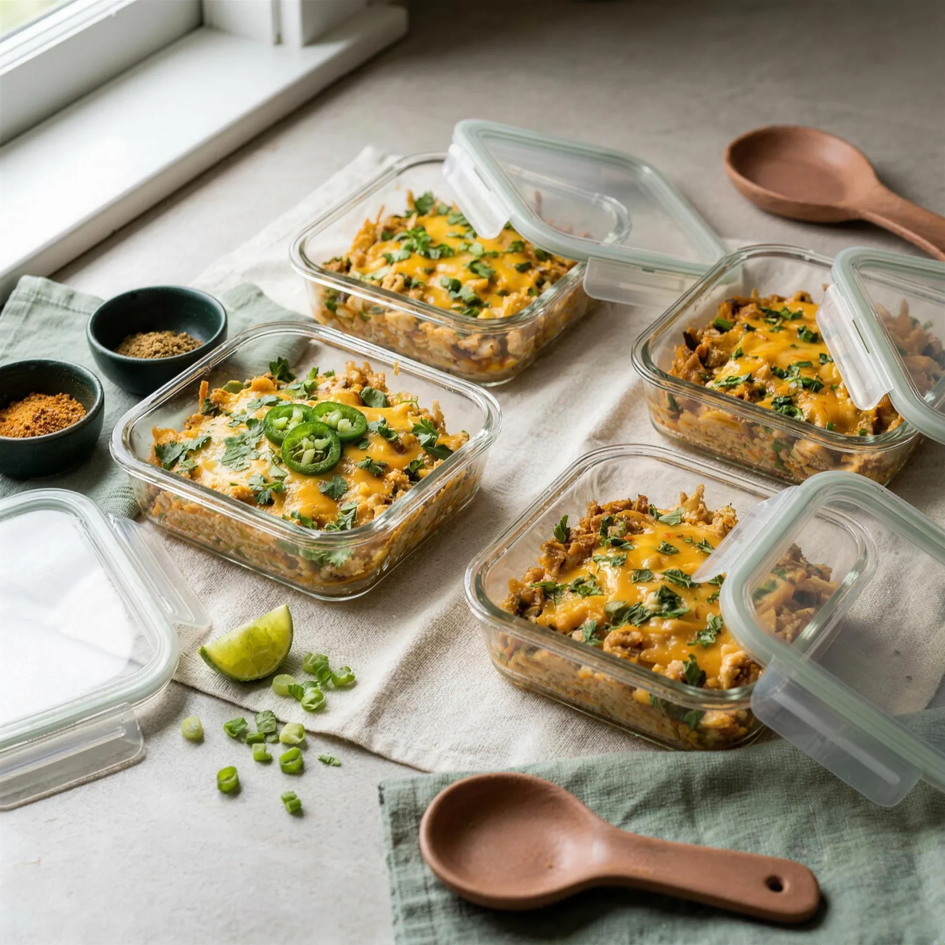 Keto chicken enchilada cauliflower rice casserole packed in meal prep containers