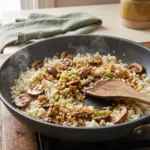 Riced cauliflower and mushrooms cooking in a skillet with tamari and scallions
