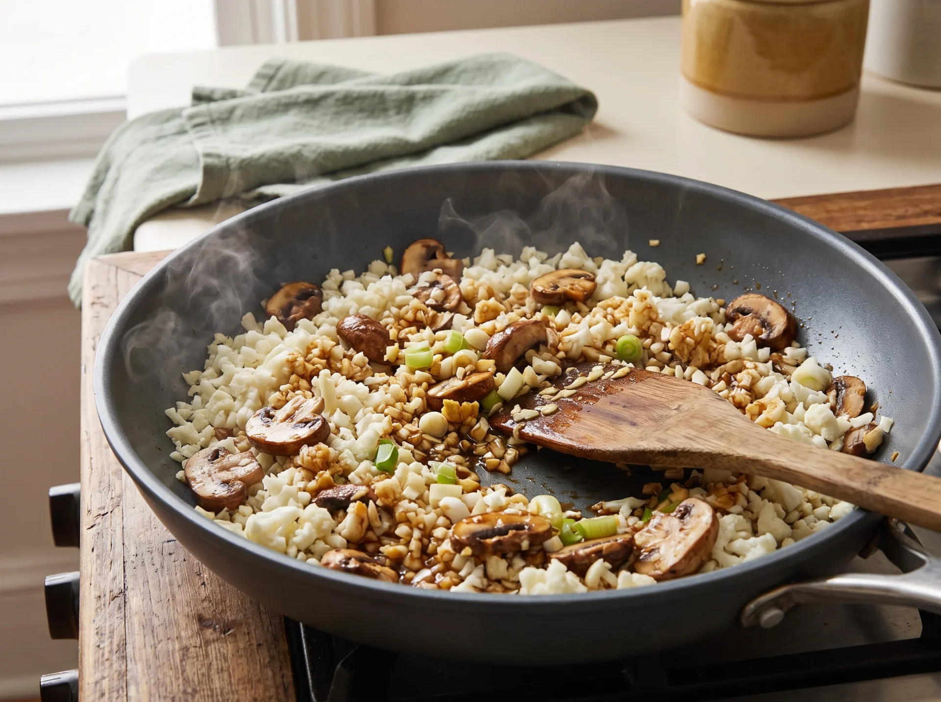Riced cauliflower and mushrooms cooking in a skillet with tamari and scallions