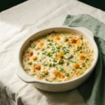 Keto tuna zoodle casserole with green chiles and browned cheddar in a ceramic dish